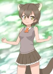  absurdres animal_ears ascot bad_id bad_pixiv_id blurry blurry_background brown_hair commentary extra_ears female fossa_(kemono_friends) frilled_skirt frills hair_between_eyes highres kemono_friends looking_at_viewer orange_ascot pleated_skirt shiraha_maru short_hair skirt sleeveless smile solo tail tan yellow_eyes 