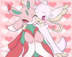  2016 5:4 anthro arthropod big_breasts blush breasts clothing duo featherystorm female generation_6_pokemon generation_7_pokemon heart_background heart_eyes heart_symbol hi_res insects lurantis mammal mega_audino mega_evolution nintendo pattern_background pokemon pokemon_(species) simple_background smile wings 