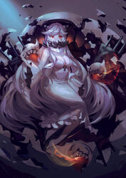  absurdres abyssal_ship bad_id bad_pixiv_id breasts chinese_commentary cleavage commentary covered_mouth dress enemy_aircraft_(kancolle) female full_body highres kantai_collection long_dress long_hair looking_at_viewer medium_breasts midway_princess pale_skin red_eyes solo turret very_long_hair weapon white_dress white_hair yan_ge 