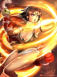  alternate_costume armlet armpits black_dress breasts brown_eyes brown_hair cleavage commentary_request deadphoenx dress earrings elbow_strike fatal_fury female fighting_stance fire fur_trim highres japanese_clothes jewelry kimono large_breasts legs obi open_clothes open_kimono open_mouth panties pantyshot pelvic_curtain red_lips red_scarf sash scarf shiranui_mai short_hair short_kimono solo standing the_king_of_fighters thighs underwear white_legwear 