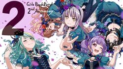  5girls ;) ;d anniversary aqua_hair aqua_skirt bang_dream! black_choker black_feathers black_hair blue_feathers blue_flower blue_rose blush breasts brown_hair choker cleavage closed_eyes commentary_request copyright_name countdown cross-laced_clothes crown earrings feathers flower green_eyes grey_hair hair_flower hair_ornament hairband half_updo hand_in_own_hair highres hikawa_sayo holding_hands imai_lisa jewelry kneeling long_hair looking_at_another looking_at_viewer lying minato_yukina multiple_girls official_art on_back on_side one_eye_closed open_mouth petals purple_eyes purple_flower purple_hair purple_rose red_flower red_rose rose roselia_(bang_dream!) shirokane_rinko short_sleeves skirt smile udagawa_ako v 