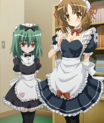  2girls anime_screenshot breasts brown_eyes brown_hair cleavage green_hair highres kuzaki_rinko maid maid_headdress multiple_girls omamori_himari red_eyes shizuku_(omamori_himari) short_hair thighhighs 