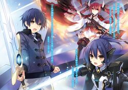  bodysuit date_a_live itsuka_kotori itsuka_shidou sword takamiya_mana thighhighs tsunako weapon 