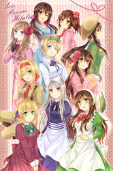  6+girls axis_powers_hetalia belarus_(hetalia) belgium_(hetalia) black_hair blonde_hair blue_eyes blush bow braid brown_eyes brown_hair copyright_name dress flower glasses green_eyes grey_hair hair_flower hair_ornament hairbow hat headband highres hungary_(hetalia) liechtenstein_(hetalia) long_hair monaco_(hetalia) multiple_girls one_eye_closed open_mouth orange_eyes ponytail principality_of_wy_(hetalia) rice_hat seychelles_(hetalia) short_hair sidelocks smile taiwan_(hetalia) tied_hair twintails ukraine_(hetalia) vietnam_(hetalia) vietnamese_dress white_hair yellow_eyes yuuna_minato 