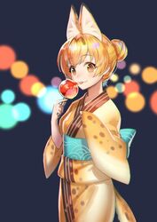  :3 :p adapted_costume alternate_hairstyle animal_ears blonde_hair brown_hair candy_apple check_commentary commentary_request extra_ears female food hair_bun hair_up japanese_clothes kemono_friends kimono looking_at_viewer mucchiri_shiitake print_kimono serval_(kemono_friends) serval_print single_hair_bun smile solo tongue tongue_out wide_sleeves yukata 