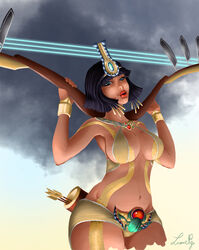  armpits arrow bare_shoulders black_hair blue_eyes bow bracelet bras breasts cleavage curvy dark_skin egypt egyptian egyptian_clothes eyebrows eyeliner female game goddess gold highres jewelry large_breasts lips lipstick looking_at_viewer makeup moba navel neith neith_(smite) open_mouth pants red_lipstick simple_background smite solo solo_focus standing tattoo toned 