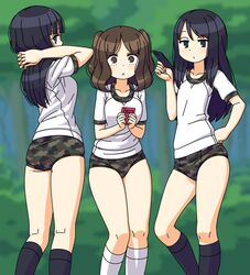  3girls :&lt; black_eyes black_hair black_legwear blurry blurry_background breasts brown_eyes brown_hair buruma camouflage camouflage_trim cellphone closed_mouth collarbone commentary flat_chest gym_shirt gym_uniform half-closed_eyes hand_on_own_hip holding holding_phone interlocked_fingers kneehighs kneepits long_hair looking_at_viewer maruput medium_breasts medium_hair multiple_girls original outdoors phone print_buruma shirt short_sleeves smartphone socks tree two_side_up white_legwear white_shirt 