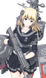  absurdres armor bayonet black_gloves black_skirt blonde_hair blue_eyes blush breasts chenche-jun closed_mouth commentary_request female gloves gun headband highres looking_at_viewer medium_breasts medium_hair miniskirt missile_pod original rifle rigging russian_navy sailor_collar school_uniform serafuku simple_background skirt smile solo torpedo_tubes weapon white_background 