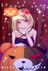  akamatsu_kaede blonde_hair breasts cleavage collarbone commentary_request danganronpa_(series) danganronpa_v3:_killing_harmony dress female hair_ornament halterneck jack-o&#039;-lantern large_breasts long_hair looking_at_viewer monokuma musical_note musical_note_hair_ornament nekoshin_kagari pumpkin purple_dress purple_eyes sleeveless sleeveless_dress solo swept_bangs twitter_username 