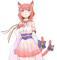  animal_ears bell belt bow cat_ears cat_tail commentary_request female fingerless_gloves fire_emblem fire_emblem_fates fire_emblem_heroes fur_trim gloves hairband halloween halloween_costume highres japanese_clothes ookamiuo parted_lips pink_eyes pink_gloves pink_hair sakura_(fire_emblem) sakura_(halloween)_(fire_emblem) short_hair simple_background solo tail white_background 