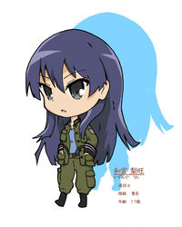  blue_hair brown_eyes chibi commentary_request drop_shadow female helvetian_military_uniform kazumiya_rio long_hair military military_uniform photoshop_(medium) shadow solo sonobashi_nogi sora_no_woto stats uniform 