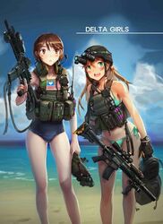  2girls :d assault_rifle backpack bag beach bikini blonde_hair blue_eyes brown_eyes brown_hair cloud collarbone commentary day eotech flashlight gloves glowstick gun gun_sling h&amp;k_hk416 headset helmet holding holding_gun holding_weapon hydration_carrier laser_sight leaning_forward legs load_bearing_vest long_hair looking_to_the_side maniac7 multiple_girls night_vision_device old_school_swimsuit one-piece_swimsuit open_mouth original outdoors radio_transceiver rifle school_swimsuit scope short_hair sky smile suppressor swimsuit thighs trigger_discipline vest watch water weapon wristwatch 