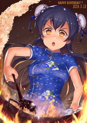  :o blue_dress blue_hair bun_cover china_dress chinese_clothes commentary cooking double_bun dress female fire flipping_food floral_print food fried_rice hair_between_eyes hair_bun happy_birthday holding jyon long_hair looking_down love_live! love_live!_school_idol_festival love_live!_school_idol_project open_mouth short_sleeves shrimp solo sonoda_umi v-shaped_eyebrows wok yellow_eyes 