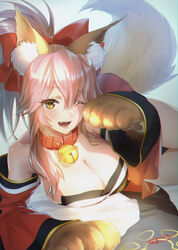  animal_ear_fluff animal_ears animal_hands bare_shoulders bell blush bow breasts brown_eyes chama_kou cleavage collar detached_sleeves fate/grand_order fate_(series) female fox_ears fox_tail gloves hair_between_eyes hairbow jingle_bell large_breasts looking_at_viewer lying md5_mismatch oerba_yun_fang on_side one_eye_closed open_mouth paw_gloves pink_hair ponytail red_bow resolution_mismatch short_hair signature smile solo source_larger tail tamamo_(fate) tamamo_cat_(fate) tamamo_cat_(first_ascension)_(fate) teeth 