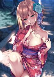  bare_shoulders blonde_hair blurry blurry_background blush breasts cleavage collarbone comic_exe dappled_sunlight day eyelashes female finger_to_mouth fingernails floral_print green_eyes grin hair_ornament half-closed_eyes highres japanese_clothes kimono large_breasts lips long_fingernails looking_at_viewer nail_polish obi oerba_yun_fang off_shoulder original outdoors panties parted_lips pink_nails piromizu sash shade shushing sidelocks sitting smile solo stairs stone_stairs sunlight sweat sweatdrop teeth tree tree_shade underwear white_panties yukata 