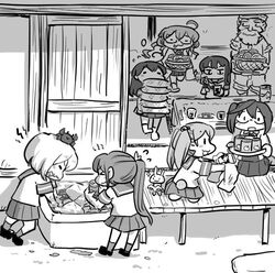  1boy 6+girls akebono_(kancolle) basket box can chibi commentary_request cooler crab_on_head drink_can food glasses greyscale hatsuyuki_(kancolle) hose kantai_collection long_hair makigumo_(kancolle) monochrome multiple_girls nobuyoshi-zamurai noodles oboro_(kancolle) okinami_(kancolle) old old_man pillow pleated_skirt rabbit sazanami_(kancolle) school_uniform serafuku short_hair sitting skirt soda_can soumen tray ushio_(kancolle) water 