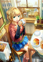  basket blonde_hair blue_eyes blue_skirt boots braid candy chair cheese_wheel coffee_mug commentary_request cup curtains female food fork french_braid from_above geetgeet highres indoors knee_boots layered_clothes long_sleeves looking_at_viewer miniskirt mug open_mouth open_window original pink_footwear pink_shirt plant plate potted_plant print_mug shirt short_hair sitting skirt solo table tablecloth tile_floor tiles town window windowsill 