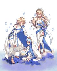  1boy 2girls aged_down aqua_hair azura_(fire_emblem) azura_(young)_(fire_emblem) barefoot bug butterfly closed_mouth commentary_request corrin_(female)_(adrift)_(fire_emblem) corrin_(female)_(fire_emblem) corrin_(fire_emblem) corrin_(male)_(adrift)_(fire_emblem) corrin_(male)_(fire_emblem) danno_gs dress elbow_gloves fingerless_gloves fire_emblem fire_emblem_fates fire_emblem_heroes flower gloves hand_on_another&#039;s_head highres leaning_forward long_hair looking_to_the_side multiple_girls parted_lips pointy_ears red_eyes short_hair sitting smile standing veil white_dress white_gloves white_hair wreath yellow_eyes 