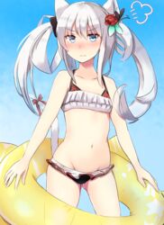  animal_ears ass_visible_through_thighs azur_lane bare_shoulders bikini bikini_top_only black_bikini black_bow blue_eyes blue_sky blush bow cat_ears cat_girl cat_tail commentary_request day female flat_chest flower fuki_to_takenoko groin hair_between_eyes hair_flower hair_ornament hair_rings hairbow hammann_(azur_lane) hammann_(rebellious_summer)_(azur_lane) innertube innertube_with_ears long_hair mismatched_bikini navel nose_blush official_alternate_costume outdoors puff_of_air red_bikini red_bow red_flower red_rose rose sidelocks sky solo standing swim_ring swimsuit tail tail_bow tail_ornament tail_raised twintails yellow_innertube 