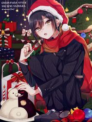  1boy ahoge black_hair black_pants black_shirt box christmas_tree commentary_request danganronpa_(series) danganronpa_v3:_killing_harmony fork formal full_body fur-trimmed_headwear fur_trim gift gift_box grey_footwear hair_between_eyes hat holding holding_fork long_sleeves male_focus monokuma nekoshin_kagari pants pinstripe_pattern pinstripe_suit red_hat red_scarf saihara_shuichi santa_hat scarf shirt short_hair solo squatting striped_clothes striped_pants striped_shirt suit yellow_eyes 