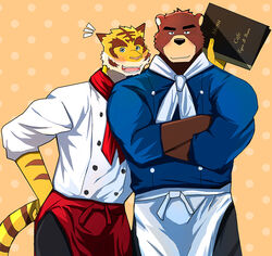  2016 anthro apron arms_bent arms_in_front arms_together bar_emanata bear bearlovestiger13 bent_arm biceps blue_eyes blush clothed clothing cloud crossed_arms duo emanata eyebrows felid fur happy holding_menu holding_object juuichi_mikazuki love male male/male mammal menu morenatsu muscular muscular_male pantherine pecs pink_nose romantic romantic_couple scarf service_menu stripes suit thick_eyebrows tiger torahiko_(morenatsu) waiter 