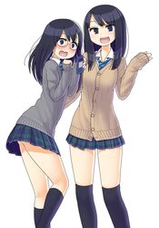  2girls :d ass black_eyes black_hair black_socks black_thighhighs blue_necktie blue_skirt brown_cardigan cardigan cellphone commentary_request glasses grey_cardigan holding holding_phone kneehighs kneepits long_hair looking_at_viewer maruput miniskirt multiple_girls necktie open_mouth original phone plaid plaid_skirt school_uniform shirt simple_background skirt sleeves_past_wrists smartphone smile socks straight_hair teeth thighhighs wavy_mouth white_background white_shirt 