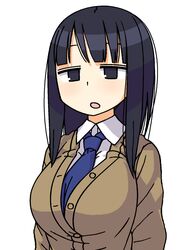  :o black_eyes black_hair blue_necktie breasts brown_cardigan buttons cardigan collared_shirt commentary_request female large_breasts long_hair maruput necktie open_mouth original school_uniform shirt simple_background solo straight_hair upper_body white_background white_shirt 