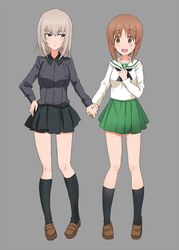  2girls alternate_footwear ashiwara_yuu black_neckerchief black_skirt black_socks blouse blue_eyes blush brown_eyes brown_footwear brown_hair closed_mouth commentary cross dress_shirt full_body girls_und_panzer green_skirt grey_background grey_hair grey_shirt hand_on_own_chest hand_on_own_hip holding_hands itsumi_erika kneehighs kuromorimine_school_uniform light_frown loafers long_hair long_sleeves looking_at_another miniskirt multiple_girls neckerchief nishizumi_miho ooarai_school_uniform open_mouth pleated_skirt school_uniform serafuku shirt shoes short_hair simple_background single_stripe skirt smile socks standing sweatdrop tsundere v-shaped_eyebrows white_shirt yuri 