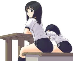  2girls ass black_buruma black_eyes black_hair black_legwear buruma commentary_request gym_shirt gym_uniform long_hair maruput multiple_girls original puffy_short_sleeves puffy_sleeves shirt short_sleeves simple_background sitting straight_hair table thighs white_background white_shirt 