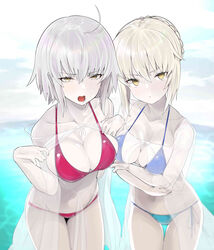  2girls absurdres ahoge artoria_pendragon_(fate) bad_id bad_pixiv_id bare_shoulders bikini bikini_under_clothes blonde_hair blue_bikini braid breasts cleavage collarbone commentary_request fate/grand_order fate_(series) french_braid from_above groin highres hip_focus jeanne_d&#039;arc_alter_(avenger)_(fate) jeanne_d&#039;arc_alter_(fate) jpeg_artifacts large_breasts long_hair looking_at_viewer medium_breasts mitsudoue multiple_girls navel open_mouth pale_skin red_bikini saber_alter short_hair side-tie_bikini_bottom swimsuit thighhighs thighs yellow_eyes 