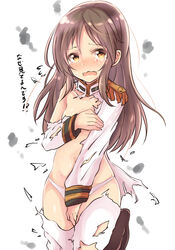  bad_id bad_pixiv_id blush bow brown_eyes brown_hair covering_breasts covering_crotch covering_privates embarrassed epaulettes female highres idolmaster idolmaster_cinderella_girls idolmaster_cinderella_girls_starlight_stage long_hair looking_at_viewer military military_uniform naval_uniform open_mouth owafu panties seizon_honnou_valkyria_(idolmaster) simple_background solo tachibana_arisu torn_clothes translated underwear uniform 