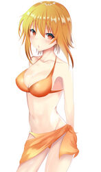  :o absurdres arms_behind_back bikini blonde_hair breasts cleavage collarbone commentary_request cowboy_shot female floating_hair grand_blue groin hair_between_eyes highres kotegawa_chisa long_hair looking_at_viewer medium_breasts mokkon_doru orange_bikini red_eyes sarong simple_background solo standing swimsuit white_background 