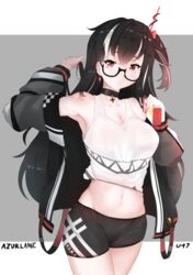  azur_lane bike_shorts black_hair breasts choker cleavage commentary cross earrings female glasses hair_between_eyes highres iron_cross jacket jewelry large_breasts long_hair looking_at_viewer milk multicolored_hair navel official_alternate_costume one_side_up peachyp red_eyes solo streaked_hair tank_top u-47_(azur_lane) u-47_(rookie_rider)_(azur_lane) white_hair 