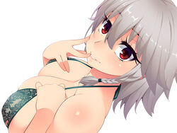  bikini blush braid breasts commentary_request female green_bikini grey_hair hayashi_custom izayoi_sakuya large_breasts parted_lips photoshop_(medium) red_eyes short_hair simple_background smile solo swimsuit touhou twin_braids white_background 