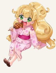  amaama_to_inazuma big_hair blonde_hair eyebrows eyebrows_visible_through_hair eyelashes female female food full_body green_eyes holding inuzuka_tsumugi kimono lolicon long_hair nashi_rin open_mouth shadow shiny shiny_hair simple_background sitting solo traditional_clothes wafuku yukata 