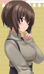  ashiwara_yuu black_skirt brown_eyes brown_hair brown_sweater casual commentary female girls_und_panzer hand_on_own_chin long_sleeves looking_at_viewer nishizumi_maho notepad parted_lips ribbed_sweater short_hair skirt smile solo standing suspender_skirt suspenders sweater turtleneck turtleneck_sweater upper_body 