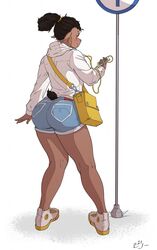  2019 anthro ass bottomwear bovid caprine clothed clothing dark_body dark_skin denim denim_bottomwear denim_clothing digital_media_(artwork) electronics eyelashes female hair headphones hi_res hoodie jeans jelly_shades mammal pants phone purse sheep shorts simple_background smile solo standing street_sign thick_thighs topwear 