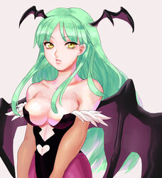  bare_shoulders black_leotard breasts bridal_gauntlets center_opening clothing_cutout collarbone cowboy_shot demon_girl demon_wings female from_side fur-trimmed_leotard fur_trim green_hair grey_background head_wings heart_cutout leotard long_hair looking_at_viewer medium_breasts morrigan_aensland pantyhose parted_lips pink_lips purple_pantyhose purple_wings sidelocks simple_background solo standing straight_hair tanakalma v_arms vampire_(game) very_long_hair wings yellow_eyes 