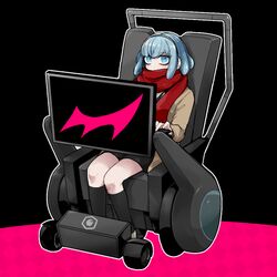  blue_eyes blue_hair commentary_request danganronpa_(series) danganronpa_3_(anime) female gekkogahara_miaya hairband medium_hair scarf scarf_over_mouth shimada_(dmisx) solo wheelchair 