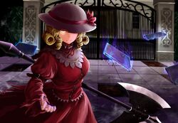  ascot aura bad_id bad_pixiv_id blonde_hair commentary_request dress drill_hair elly_(touhou) female floating floating_object gate hat highres holding kamiya_ueshi long_sleeves looking_at_viewer mansion mugenkan outdoors puffy_sleeves red_dress ribbon scythe short_hair smile solo tile_floor tiles torn_clothes touhou touhou_(pc-98) twin_drills weapon yellow_eyes 