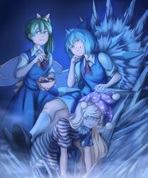  3girls all_fours american_flag_dress ascot black_footwear blonde_hair blue_background blue_bow blue_dress blue_eyes blue_hair blue_theme blue_vest bob_cut bow bowl breasts breath cirno clownpiece collared_shirt commentary crossed_legs crown daiyousei dress empty_eyes eyebrows fairy fairy_wings fog food fruit grapes green_eyes green_hair hair_between_eyes hairbow hand_rest hat head_rest head_tilt highres holding holding_bowl holding_food holding_fruit ice ice_wings image_sample jester_cap legs_on_another&#039;s_back long_hair looking_at_viewer mefomefo multiple_girls neck_ribbon neck_ruff pink_eyes pink_hat polka_dot polka_dot_headwear pom_pom_(clothes) puffy_short_sleeves puffy_sleeves red_ribbon ribbon shaded_face shirt shoe_soles shoes short_hair short_sleeves side_ponytail sitting skirt skirt_set sleeves_past_elbows slouching small_breasts smile standing star_(symbol) star_print striped throne tiara touhou tumblr_sample vest white_legwear white_shirt wing_collar wings yellow_bow 