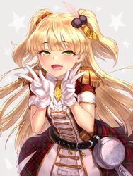  :d across_the_stars_(idolmaster) belt blonde_hair blush clock commentary_request double_v epaulettes eyelashes feather_hair_ornament feathers female gloves green_eyes hair_ornament highres idolmaster idolmaster_cinderella_girls idolmaster_cinderella_girls_starlight_stage jougasaki_rika long_hair looking_at_viewer oerba_yun_fang open_mouth pom_pom_(clothes) revision short_sleeves smile solo two_side_up v white_gloves yapo_(croquis_side) 