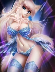  adorableinall anthro blue_eyes breasts canid canine clothed clothing digital_media_(artwork) eyelashes female fur hair hands_behind_back lingerie long_hair looking_at_viewer mammal navel solo standing white_body white_fur white_hair 