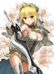  :&gt; :&lt; aestus_estus ahoge bare_shoulders belt blonde_hair breasts cleavage closed_mouth commentary_request eyebrows fate/extra fate/extra_ccc fate_(series) female floral_background flower garter_belt glint gloves green_eyes hair_between_eyes hair_intakes holding holding_sword holding_weapon key large_breasts lock looking_at_viewer nero_claudius_(bride)_(fate) nero_claudius_(bride)_(second_ascension)_(fate) nero_claudius_(fate) npcpepper padlock smile solo sword thighhighs v-shaped_eyebrows veil weapon white_background white_gloves white_sleeves white_thighhighs 