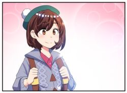  brown_eyes brown_hair cardigan creatures_(company) eyebrows_visible_through_hair female female_protagonist_(pokemon_swsh) game_freak highres hinghoi holding_backpack jacket nintendo pink_background pokemon pokemon_(game) pokemon_swsh red_shirt shirt smile solo tam_o&#039;_shanter 