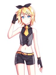  bad_id bad_pixiv_id belt black_bow black_gloves black_shorts black_star_(module) blonde_hair blue_eyes bow cowboy_shot ehfpalcl female fingerless_gloves gloves groin hair_between_eyes hair_ornament hairbow hairclip highres kagamine_rin looking_at_viewer midriff navel necktie project_diva_(series) short_hair short_necktie short_shorts shorts simple_background sleeveless solo stomach swept_bangs vocaloid white_background yellow_necktie 