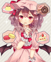  alternate_hair_length alternate_hairstyle arm_up bat_wings blush cherry commentary_request doughnut dress drooling female finger_to_face food fruit grey_background hair_between_eyes hat hat_ribbon head_tilt highres looking_at_viewer macaron medium_hair mob_cap mouth_drool nail_polish open_mouth pink_dress pudding puffy_short_sleeves puffy_sleeves purple_hair red_eyes red_nails red_sash remilia_scarlet ribbon sash short_sleeves shortcake slit_pupils solo sparkle speech_bubble spoken_food standing strawberry striped striped_background touhou upper_body whipped_cream wings wrist_cuffs youtan 