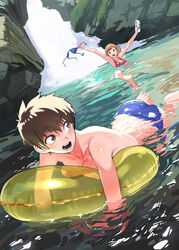  2girls :d :o arms_up ass barefoot bikini blue_bikini breast_press breasts brown_eyes brown_hair commentary_request covered_nipples dutch_angle highres holding innertube kitou_sakeru lake looking_at_another looking_back medium_breasts multiple_girls nature open_mouth original outdoors outstretched_arms partially_submerged red_bikini sandals short_hair smile surprised swim_ring swimming swimsuit topless transparent unworn_bikini_top unworn_sandals very_short_hair water waterfall 