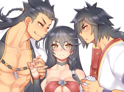  2boys bad_id bad_pixiv_id bandages bare_pectorals black_hair black_neckwear braid breasts brothers choker cleavage closed_mouth collarbone female folks_(nabokof) frown hair_strand holding_hands japanese_clothes kimono long_hair looking_at_another looking_at_viewer medium_breasts messy_hair multiple_boys oerba_yun_fang pectorals rokurou_rangetsu sandwiched scar shigure_rangetsu siblings side_braid simple_background smile swept_bangs tales_of_(series) tales_of_berseria upper_body velvet_crowe white_background yellow_eyes 