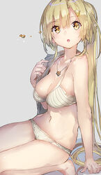  :o barefoot bikini blonde_hair breasts cleavage collarbone commentary_request female grey_background hair_ornament hairclip jewelry large_breasts long_hair looking_at_viewer magia_record:_mahou_shoujo_madoka_magica_gaiden mahou_shoujo_madoka_magica navel necklace open_mouth photoshop_(medium) ponytail simple_background sitting solo swimsuit very_long_hair white_bikini yellow_eyes yusa_hazuki yuugen 